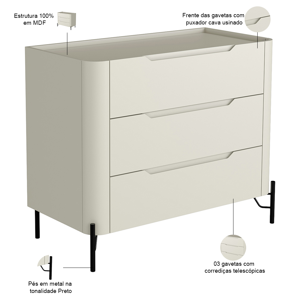 Cômoda Para Quarto Closet Orgânica 3 Gavetas Pés Industrial Preto Bliss I03 Luna - Lyam Decor