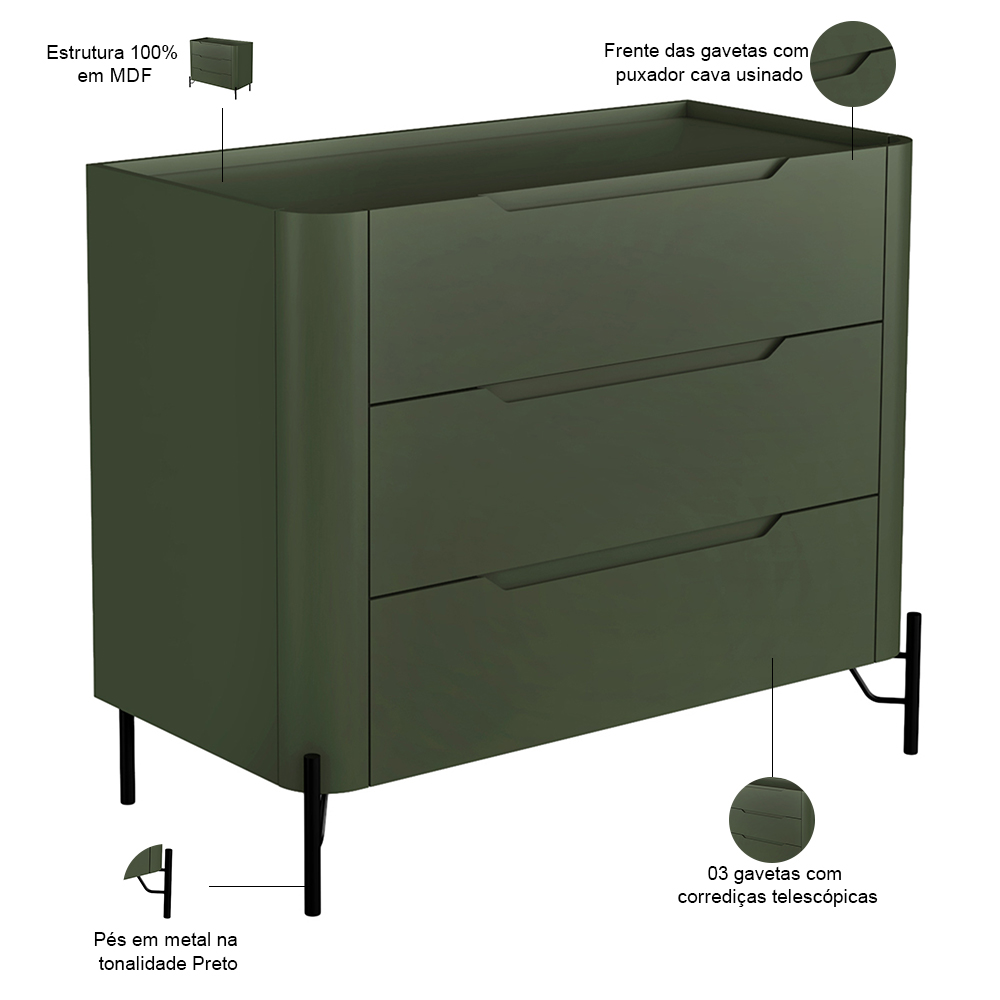 Cômoda Para Quarto Closet Orgânica 3 Gavetas Pés Industrial Preto Bliss I03 Musgo - Lyam Decor