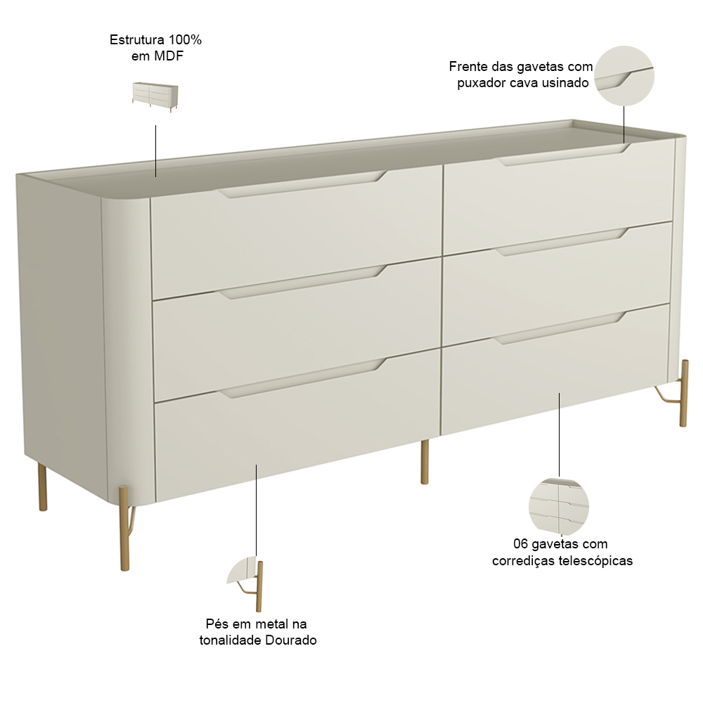 Cômoda Para Quarto Closet Orgânica 6 Gavetas Pés Industrial Dourado Bliss I03 Luna - Lyam Decor