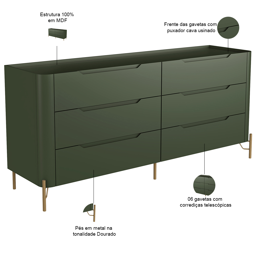 Cômoda Para Quarto Closet Orgânica 6 Gavetas Pés Industrial Dourado Bliss I03 Musgo - Lyam Decor