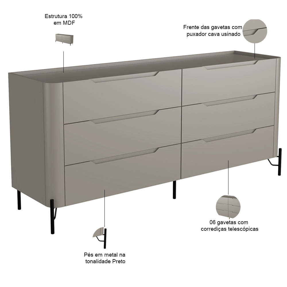 Cômoda Para Quarto Closet Orgânica 6 Gavetas Pés Industrial Preto Bliss I03 Grigio - Lyam Decor