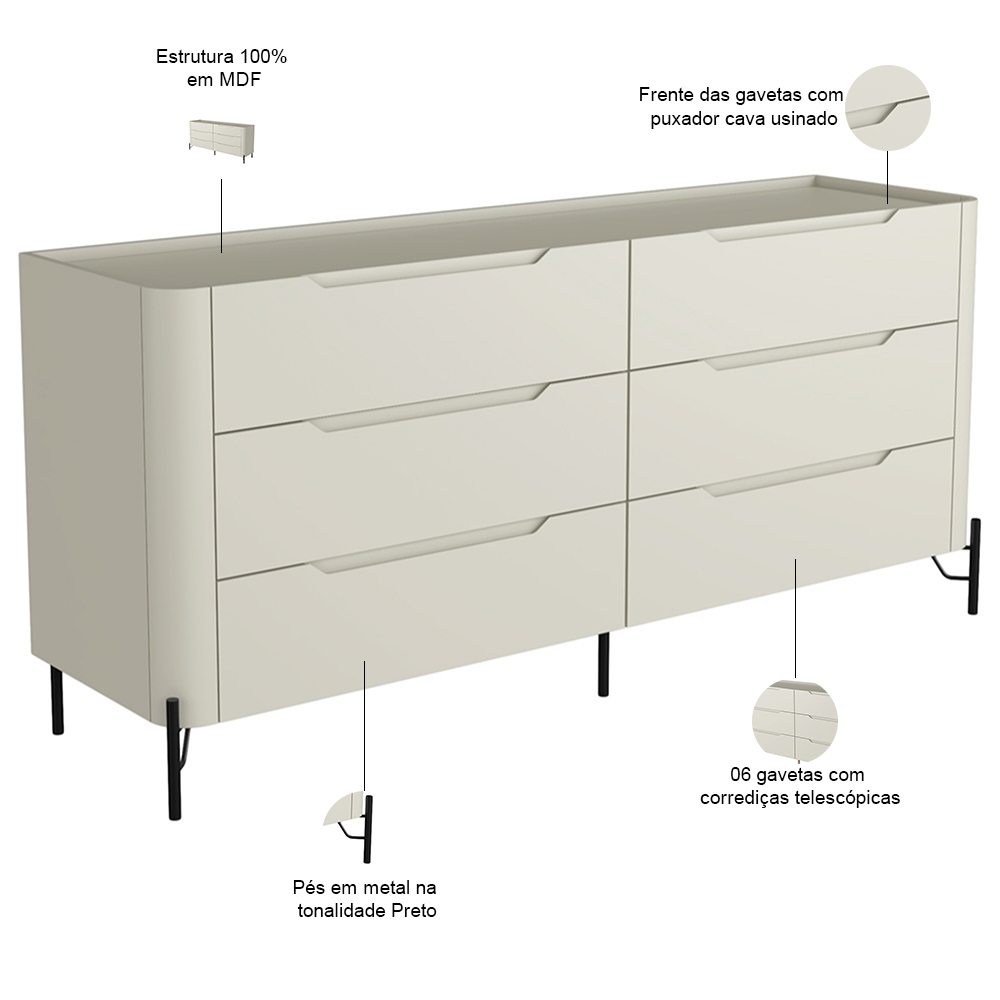 Cômoda Para Quarto Closet Orgânica 6 Gavetas Pés Industrial Preto Bliss I03 Luna - Lyam Decor