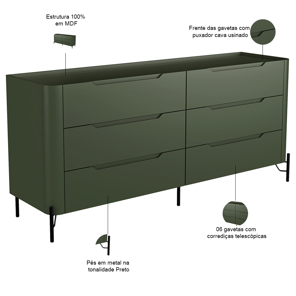 Cômoda Para Quarto Closet Orgânica 6 Gavetas Pés Industrial Preto Bliss I03 Musgo - Lyam Decor