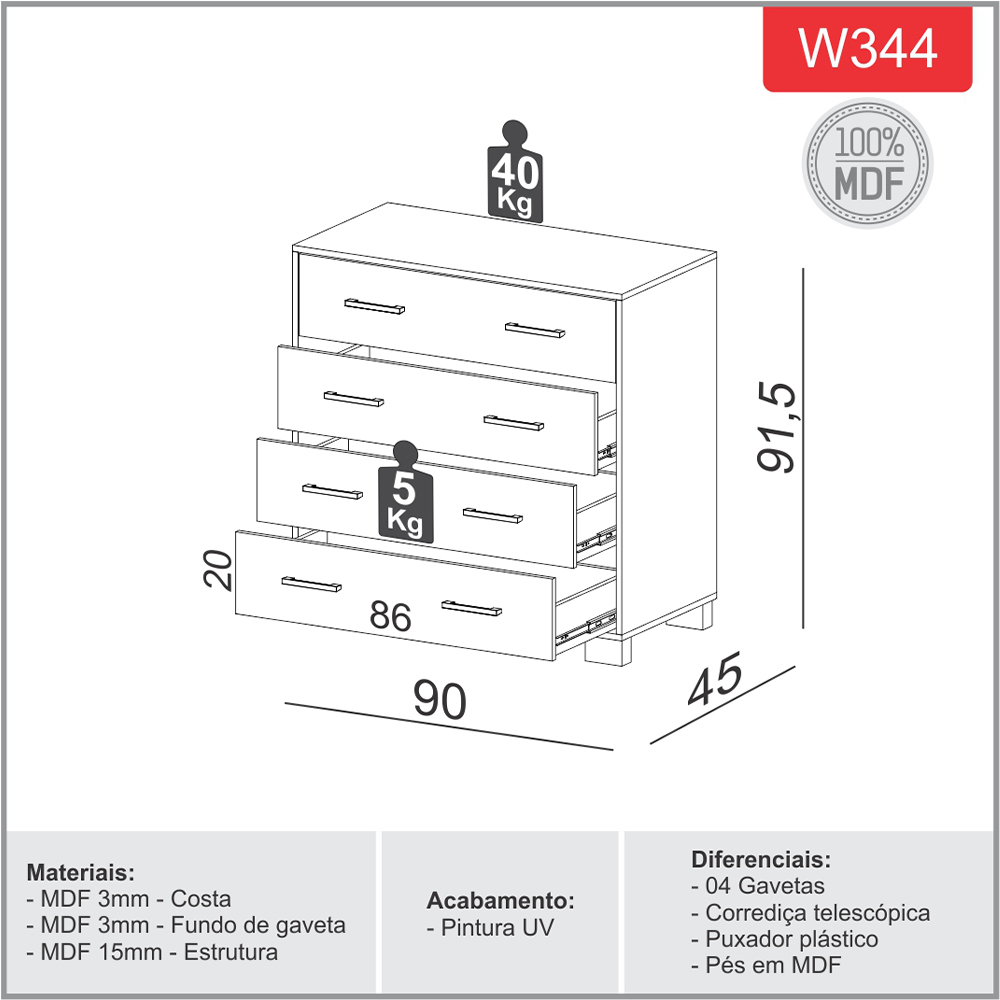 Cômoda com 04 Gavetas Essence D03 Freijó Off White Brilho - Lyam Decor