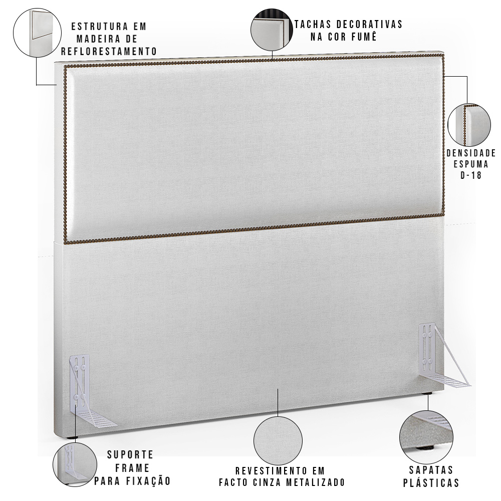 Cabeceira Box Casal Com Tachas 140 cm Vicenza L02 Facto Cinza Metalizado - Lyam Decor