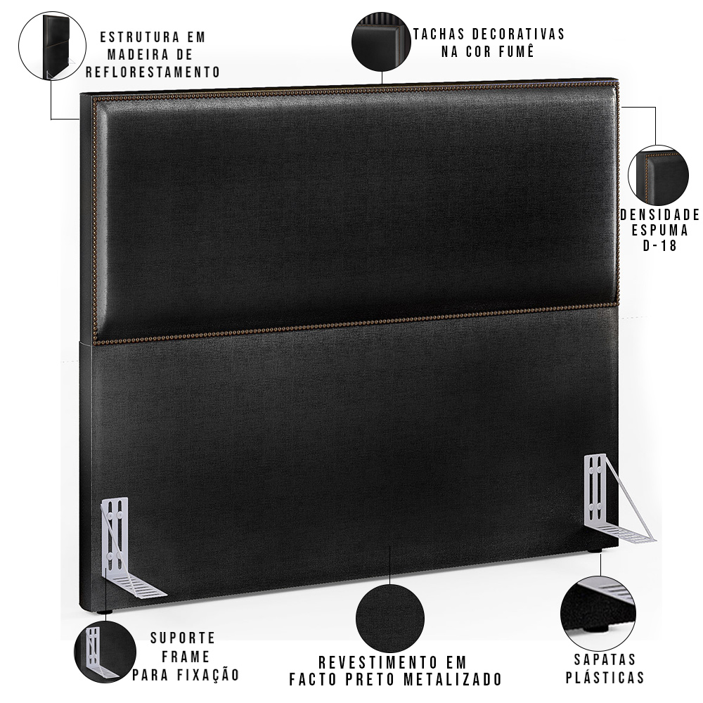 Cabeceira Box Casal Com Tachas 140 cm Vicenza L02 Facto Preto Metalizado - Lyam Decor