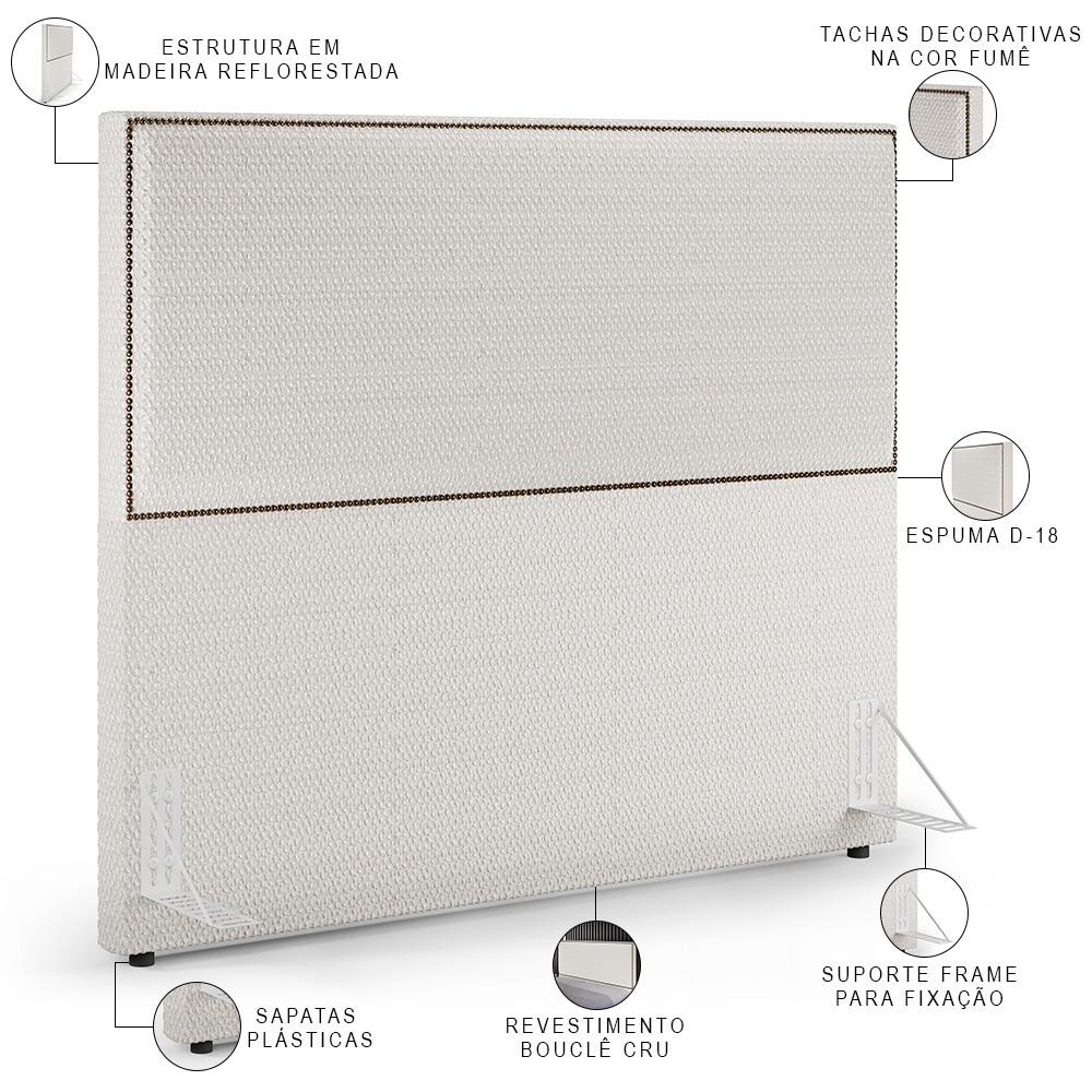 Cabeceira Box Casal Com Tachas 160 cm Vicenza L02 Bouclê Cru - Lyam Decor