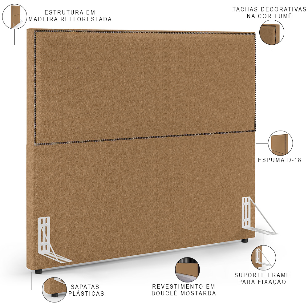 Cabeceira Box Casal Com Tachas 160 cm Vicenza L02 Bouclê Mostarda - Lyam Decor