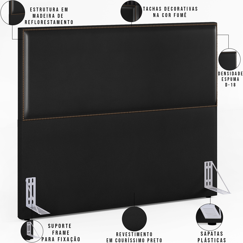 Cabeceira Box Casal King Com Tachas 195 cm Vicenza L02 Couríssimo Preto - Lyam Decor