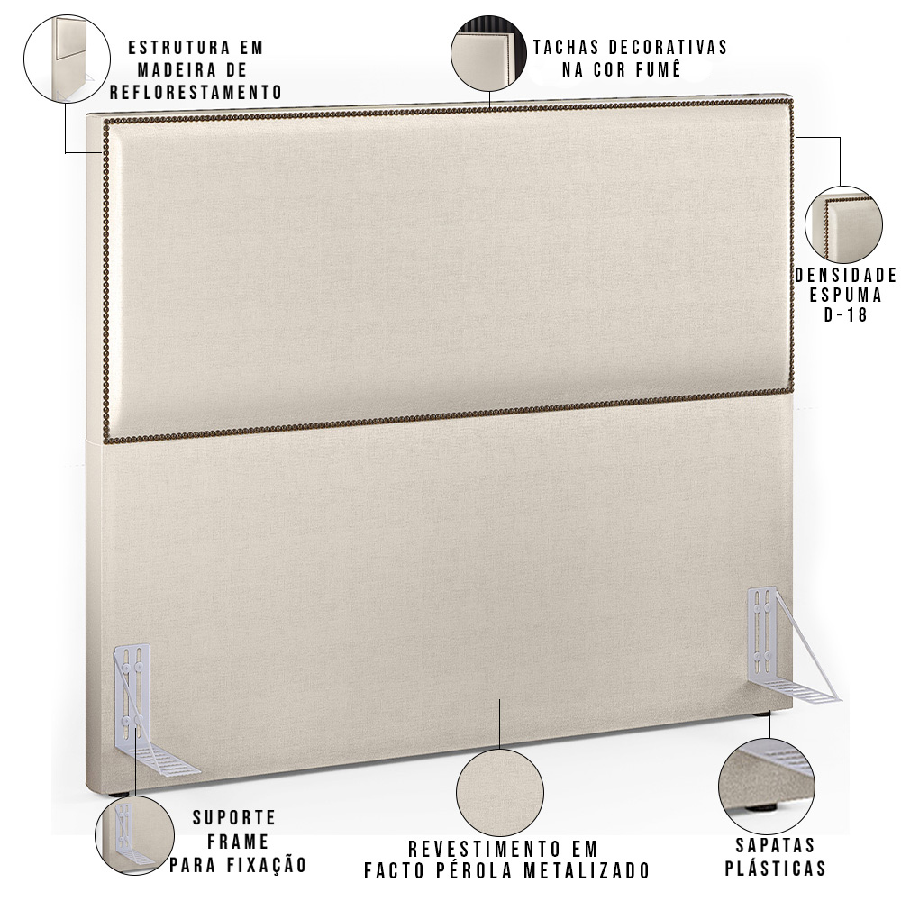 Cabeceira Box Casal King Com Tachas 195 cm Vicenza L02 Facto Pérola Metalizado - Lyam Decor