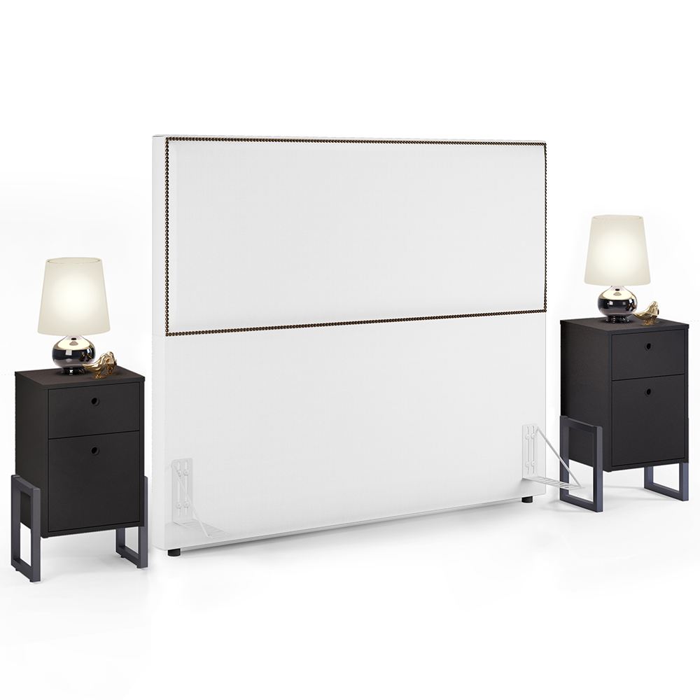 Cabeceira Box King Vicenza 195 Facto Branco L02 E 2 Mesas De Cabeceira Work Preto - Lyam Decor