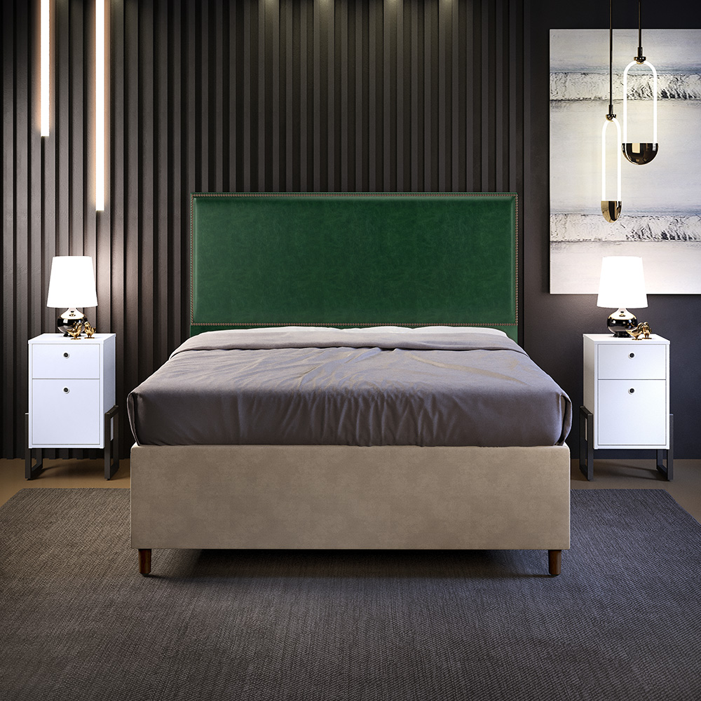 Cabeceira Box King Vicenza 195 Facto Verde Musgo L02 E 2 Mesas De Cabeceira Work Branco - Lyam Decor