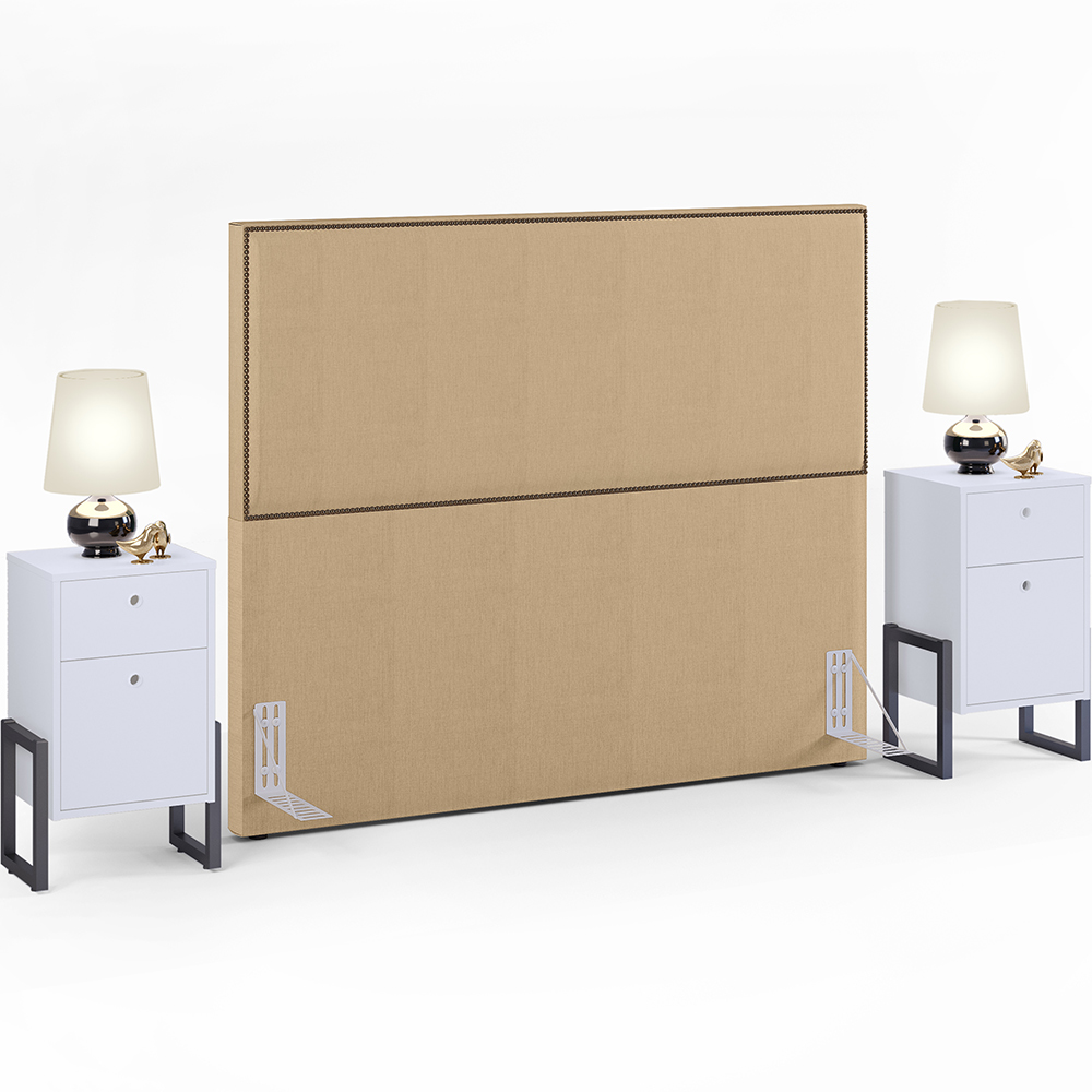 Cabeceira Box King Vicenza 195 Linho Bege Escuro L02 E 2 Mesas De Cabeceira Work Branco - Lyam Decor