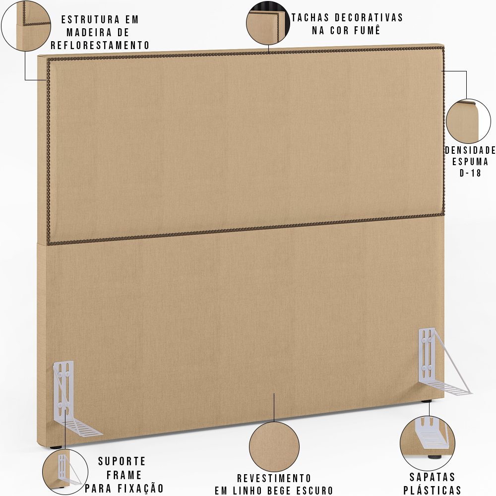 Cabeceira Box King Vicenza 195 Linho Bege Escuro L02 E 2 Mesas De Cabeceira Work Branco - Lyam Decor