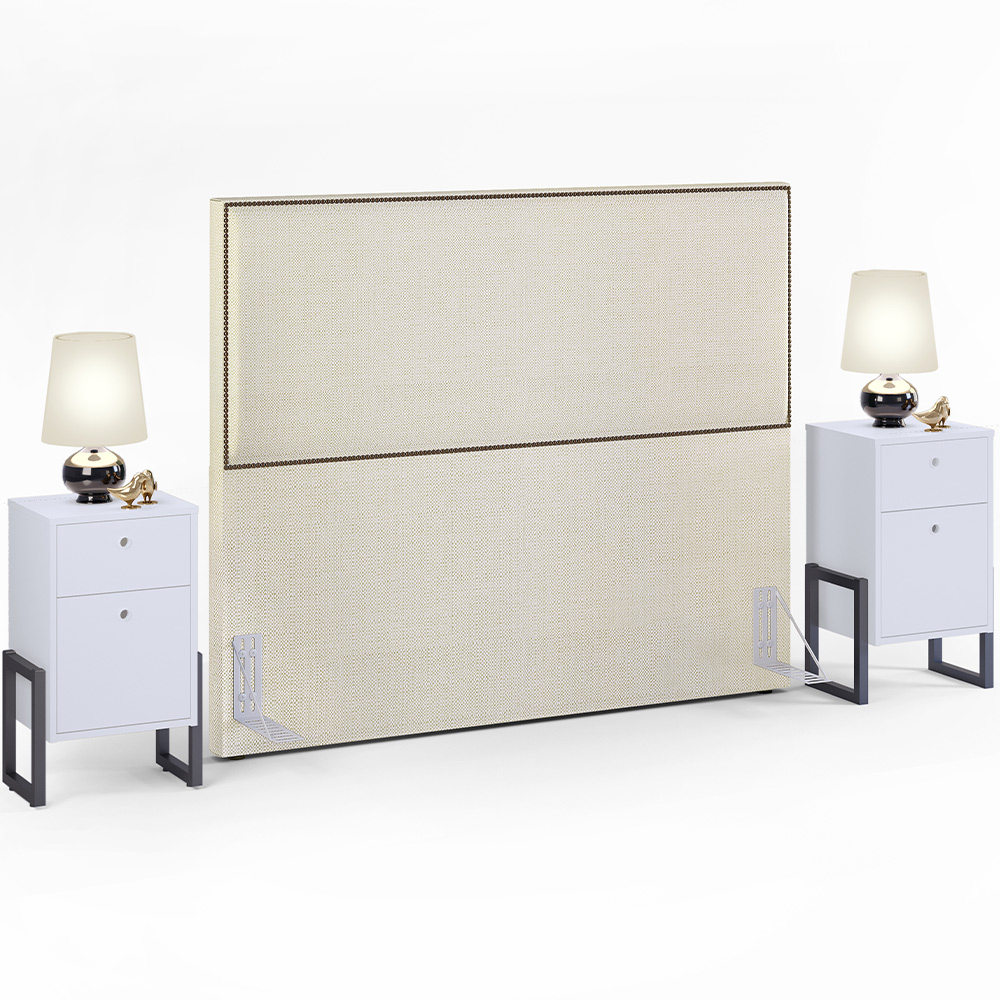 Cabeceira Box King Vicenza 195 Linho Champagne L02 E 2 Mesas De Cabeceira Work Branco - Lyam Decor