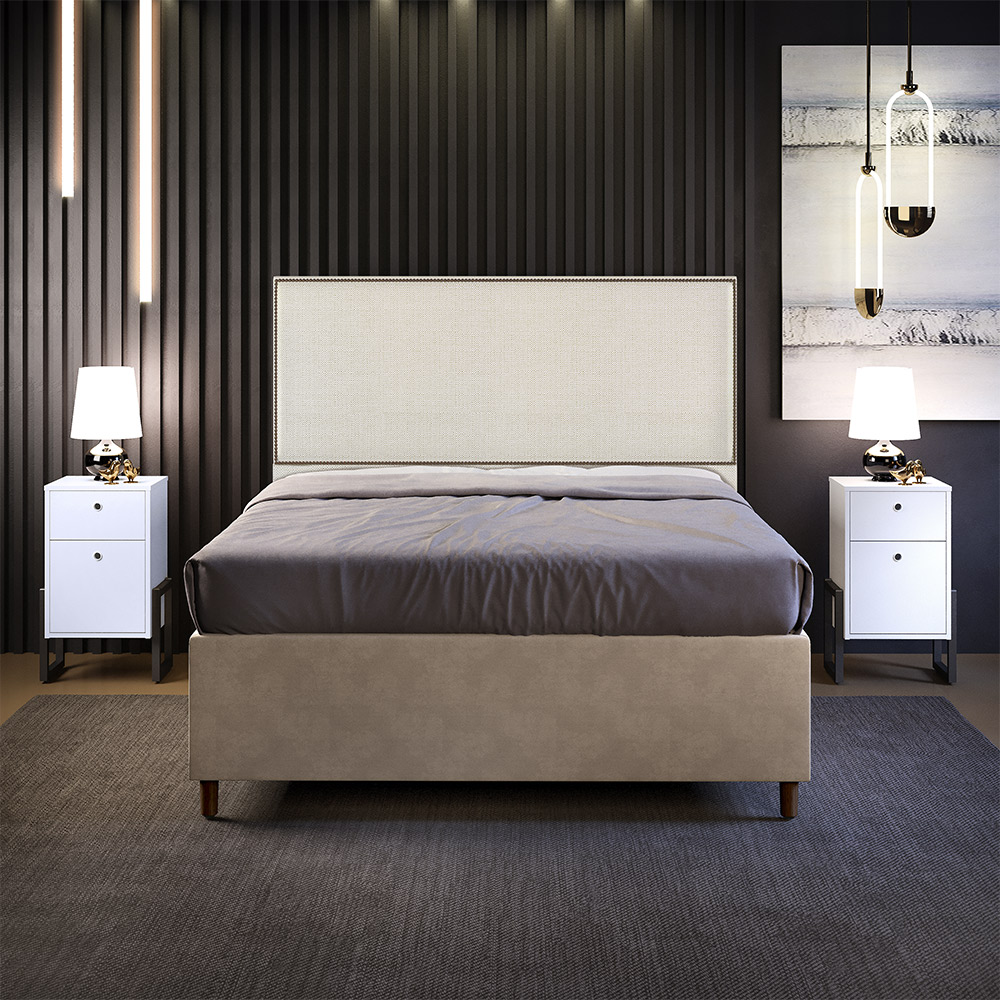 Cabeceira Box King Vicenza 195 Linho Champagne L02 E 2 Mesas De Cabeceira Work Branco - Lyam Decor