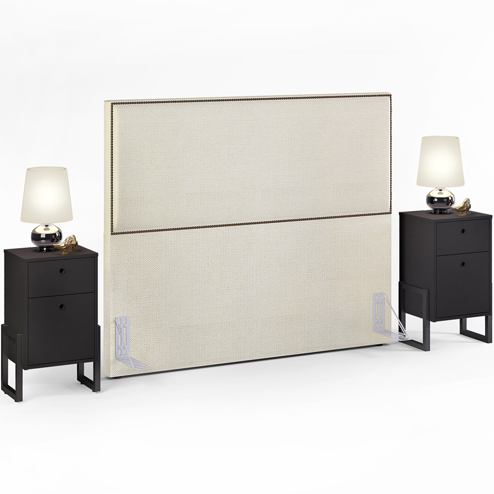 Cabeceira Box King Vicenza 195 Linho Champagne L02 E 2 Mesas De Cabeceira Work Preto - Lyam Decor