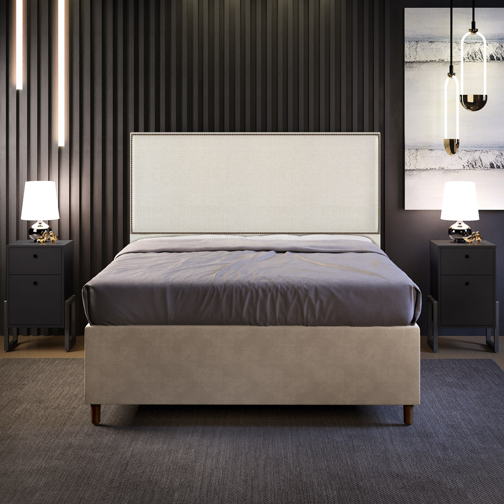 Cabeceira Box King Vicenza 195 Linho Champagne L02 E 2 Mesas De Cabeceira Work Preto - Lyam Decor