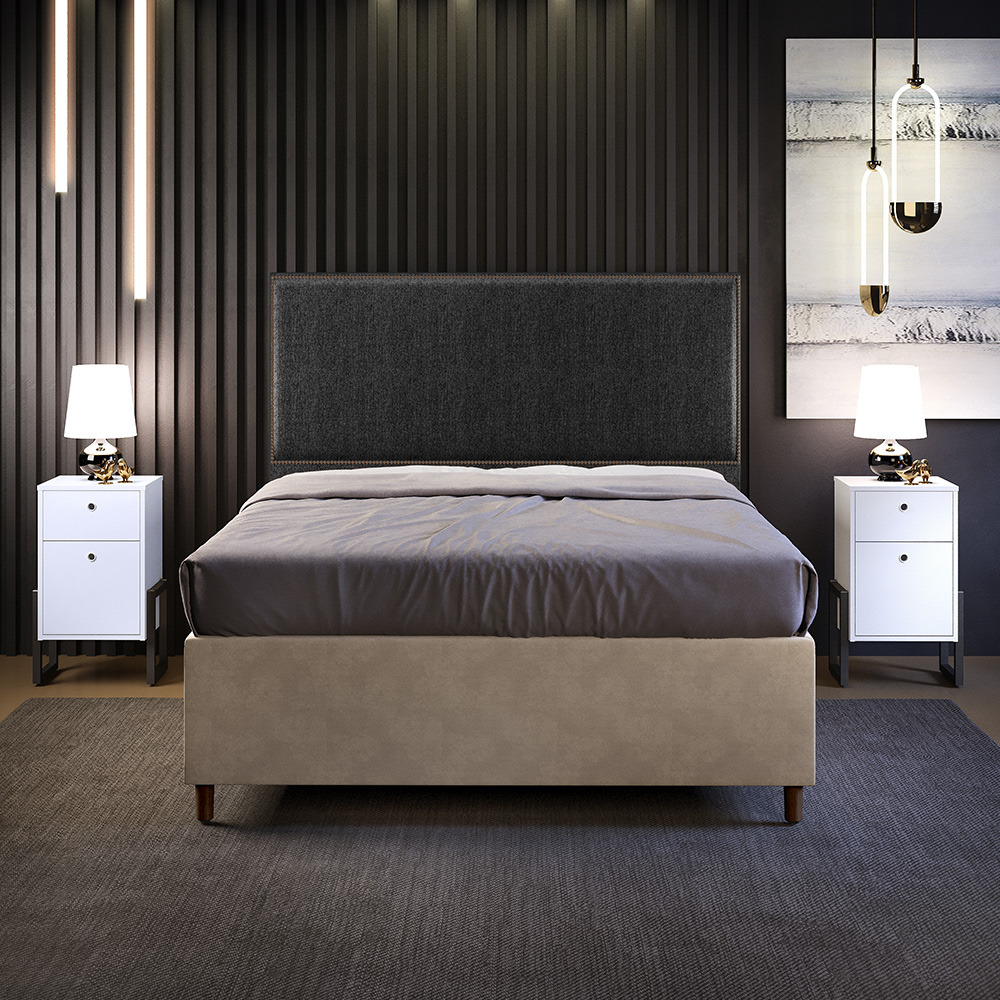 Cabeceira Box King Vicenza 195 Linho Chumbo L02 E 2 Mesas De Cabeceira Work Branco - Lyam Decor