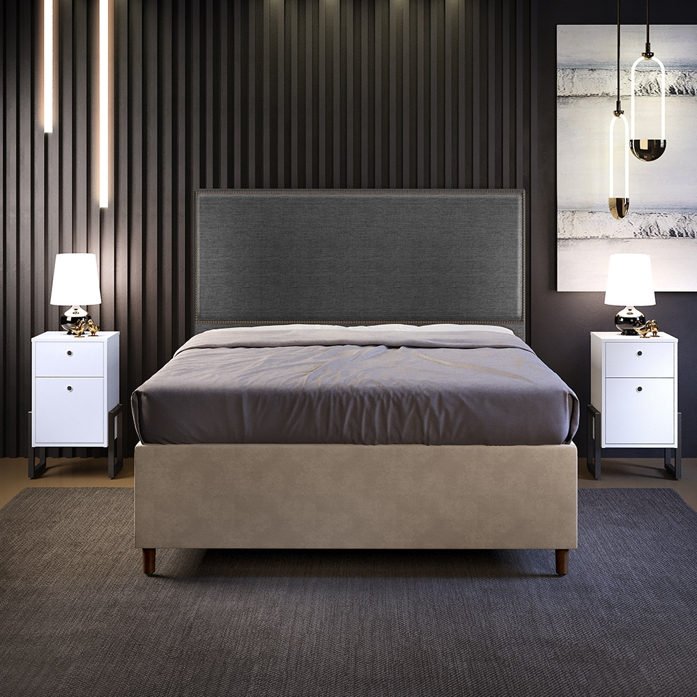 Cabeceira Box King Vicenza 195 Linho Cinza Escuro L02 2 Mesas De Cabeceira Work Branco - Lyam Decor