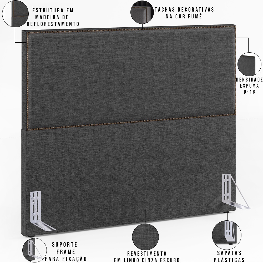 Cabeceira Box King Vicenza 195 Linho Cinza Escuro L02 2 Mesas De Cabeceira Work Branco - Lyam Decor