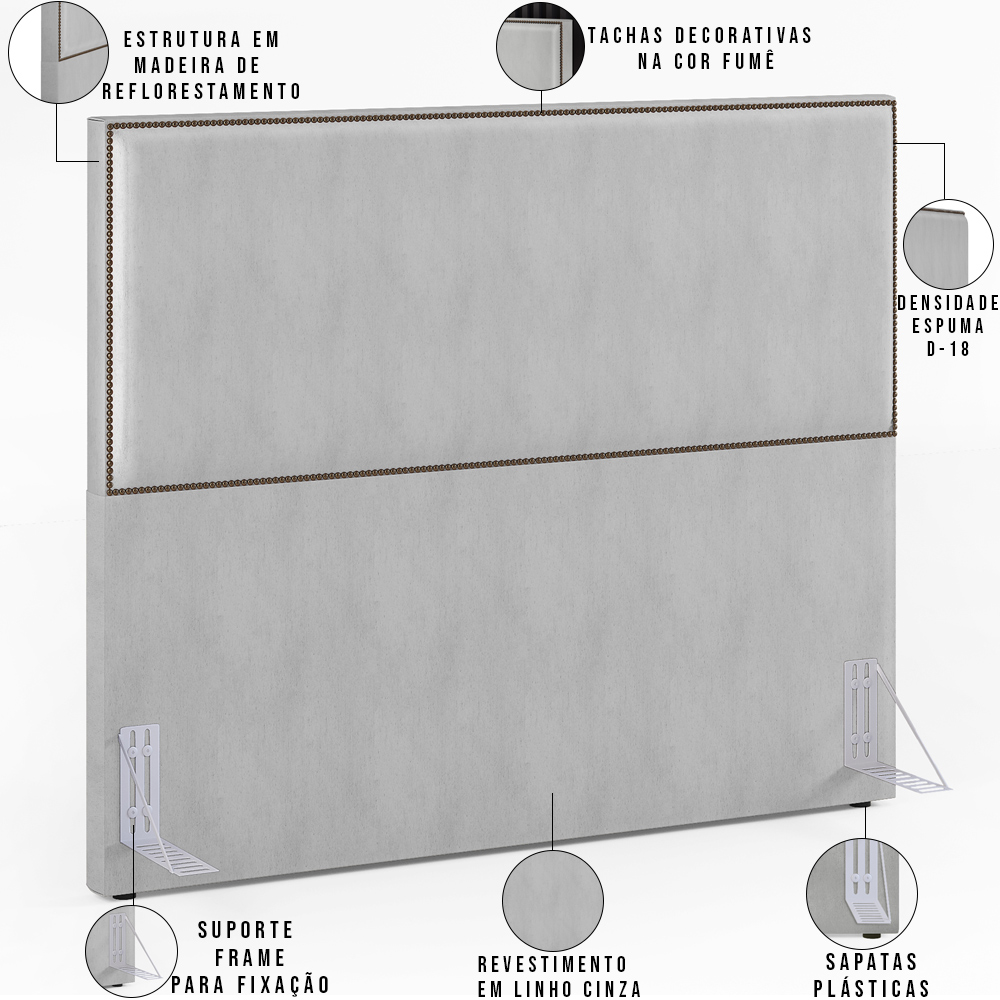 Cabeceira Box King Vicenza 195 Linho Cinza L02 E 2 Mesas De Cabeceira Work Branco - Lyam Decor