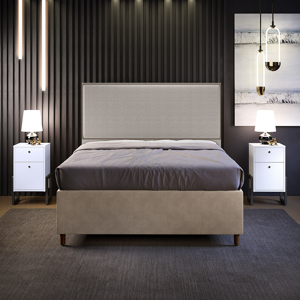Cabeceira Box King Vicenza 195 cm Bouclê Bege L02 Com 02 Mesas De Cabeceira Work Branco - Lyam Decor