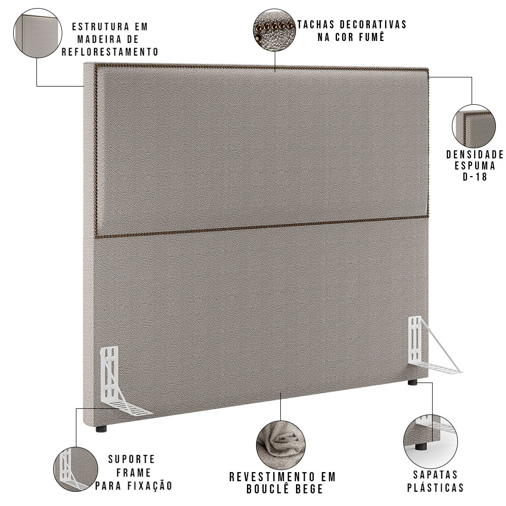 Cabeceira Box King Vicenza 195 cm Bouclê Bege L02 Com 02 Mesas De Cabeceira Work Branco - Lyam Decor