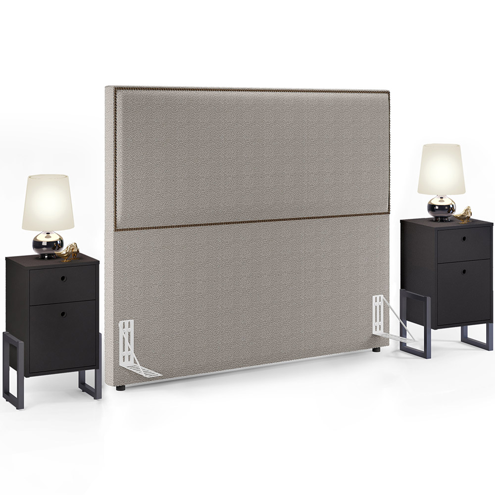 Cabeceira Box King Vicenza 195 cm Bouclê Bege L02 Com 02 Mesas De Cabeceira Work Preto - Lyam Decor