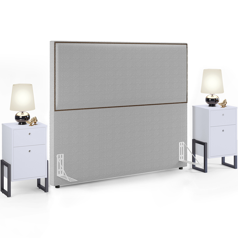 Cabeceira Box King Vicenza 195 cm Bouclê Cinza L02 Com 2 Mesas De Cabeceira Work Branco - Lyam Decor