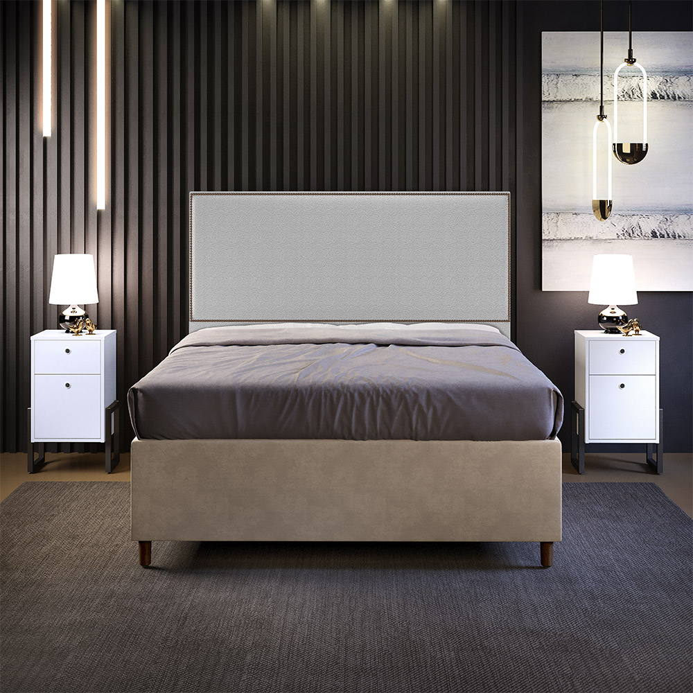 Cabeceira Box King Vicenza 195 cm Bouclê Cinza L02 Com 2 Mesas De Cabeceira Work Branco - Lyam Decor