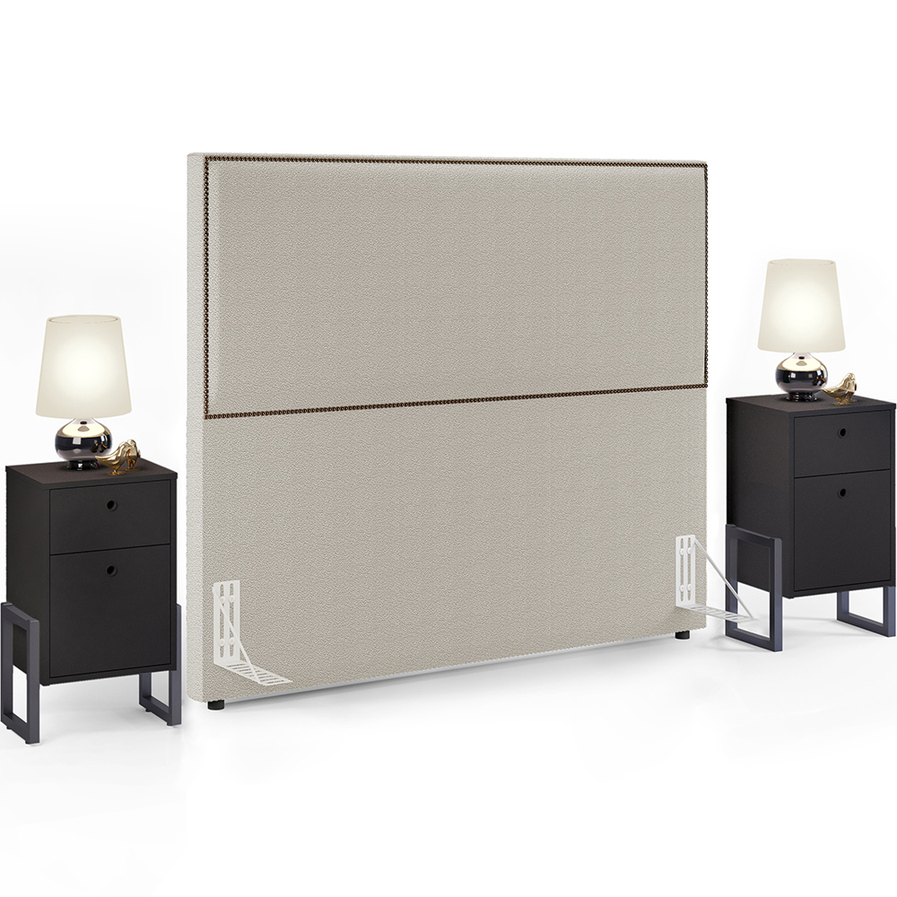Cabeceira Box King Vicenza 195 cm Bouclê Creme L02 Com 02 Mesas De Cabeceira Work Preto - Lyam Decor