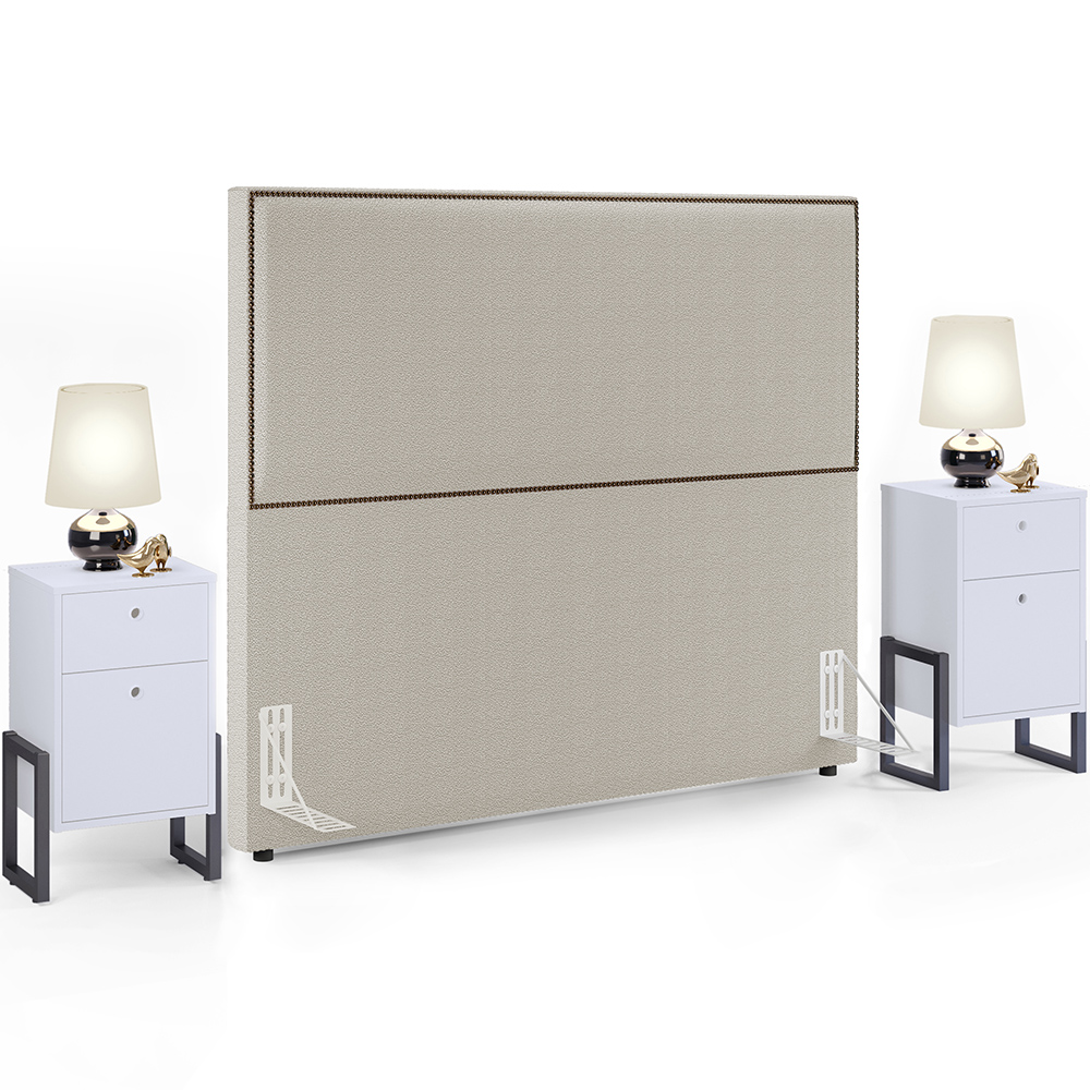 Cabeceira Box King Vicenza 195 cm Bouclê Creme L02 Com 2 Mesas De Cabeceira Work Branco - Lyam Decor