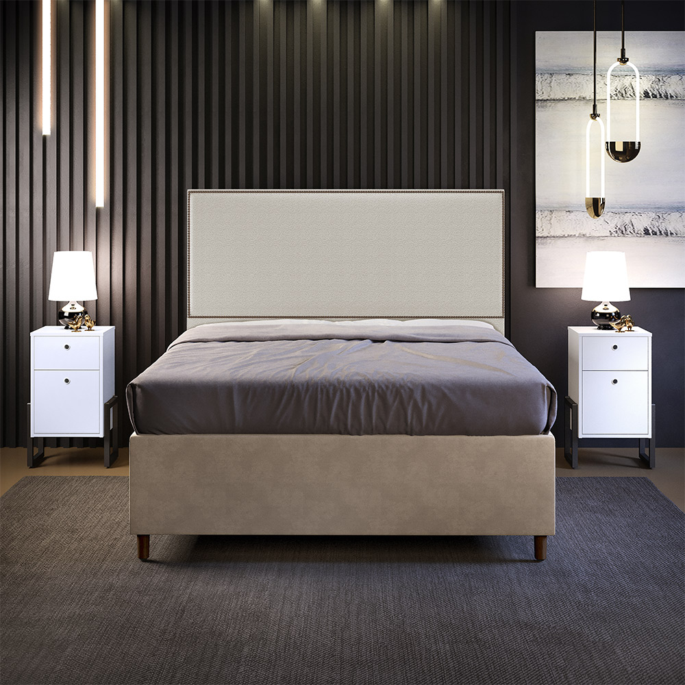 Cabeceira Box King Vicenza 195 cm Bouclê Creme L02 Com 2 Mesas De Cabeceira Work Branco - Lyam Decor