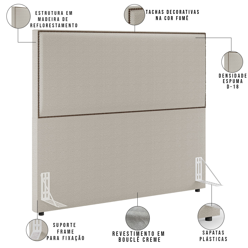 Cabeceira Box King Vicenza 195 cm Bouclê Creme L02 Com 2 Mesas De Cabeceira Work Branco - Lyam Decor
