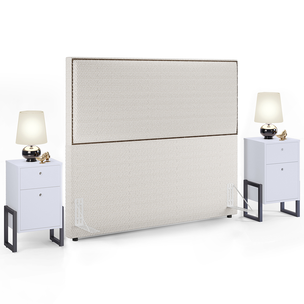 Cabeceira Box King Vicenza 195 cm Bouclê Cru L02 Com 02 Mesas De Cabeceira Work Branco - Lyam Decor
