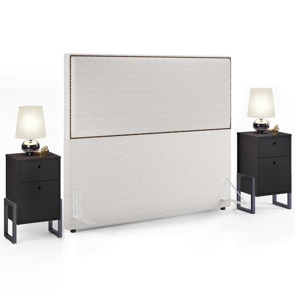 Cabeceira Box King Vicenza 195 cm Bouclê Cru L02 Com 02 Mesas De Cabeceira Work Preto - Lyam Decor