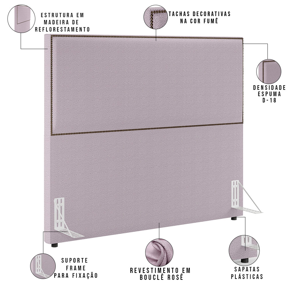 Cabeceira Box King Vicenza 195 cm Bouclê Rosê L02 Com 02 Mesas De Cabeceira Work Branco - Lyam Decor