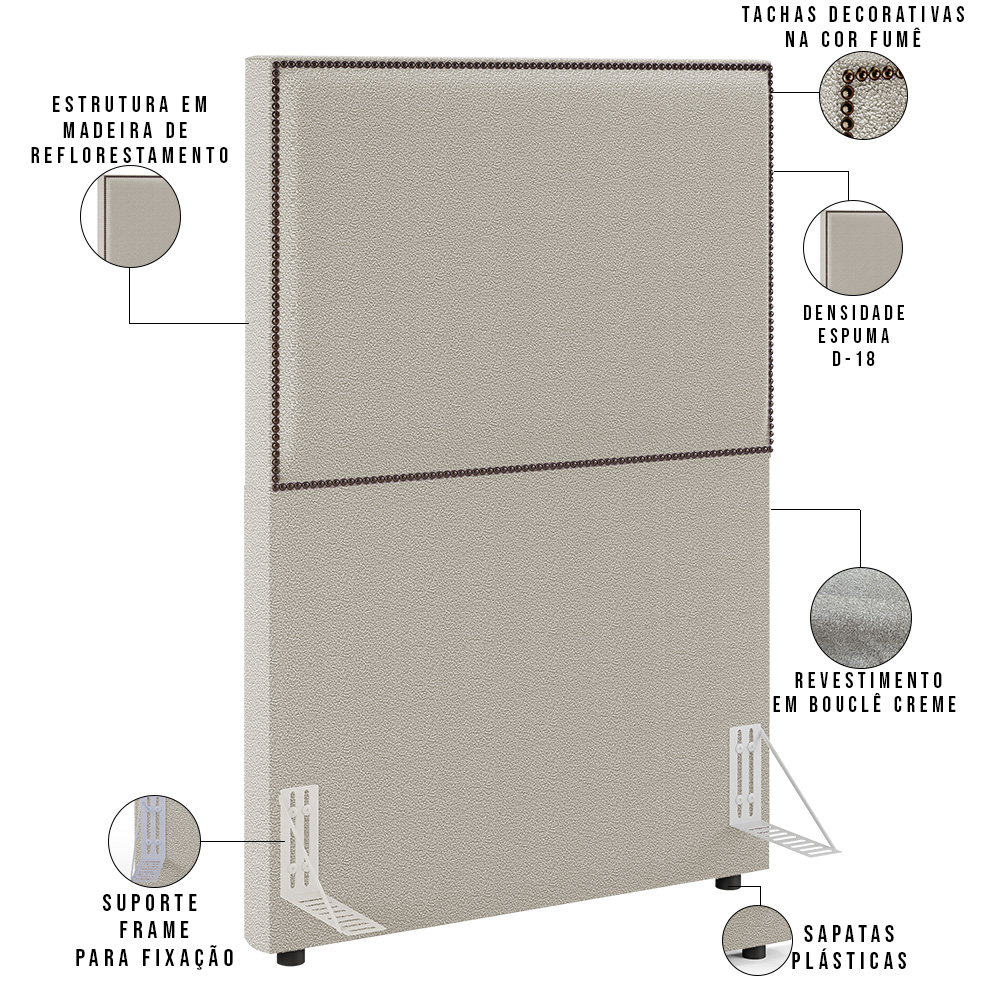 Cabeceira Box Solteiro Com Tachas 100 cm Vicenza L02 Bouclê Creme - Lyam Decor