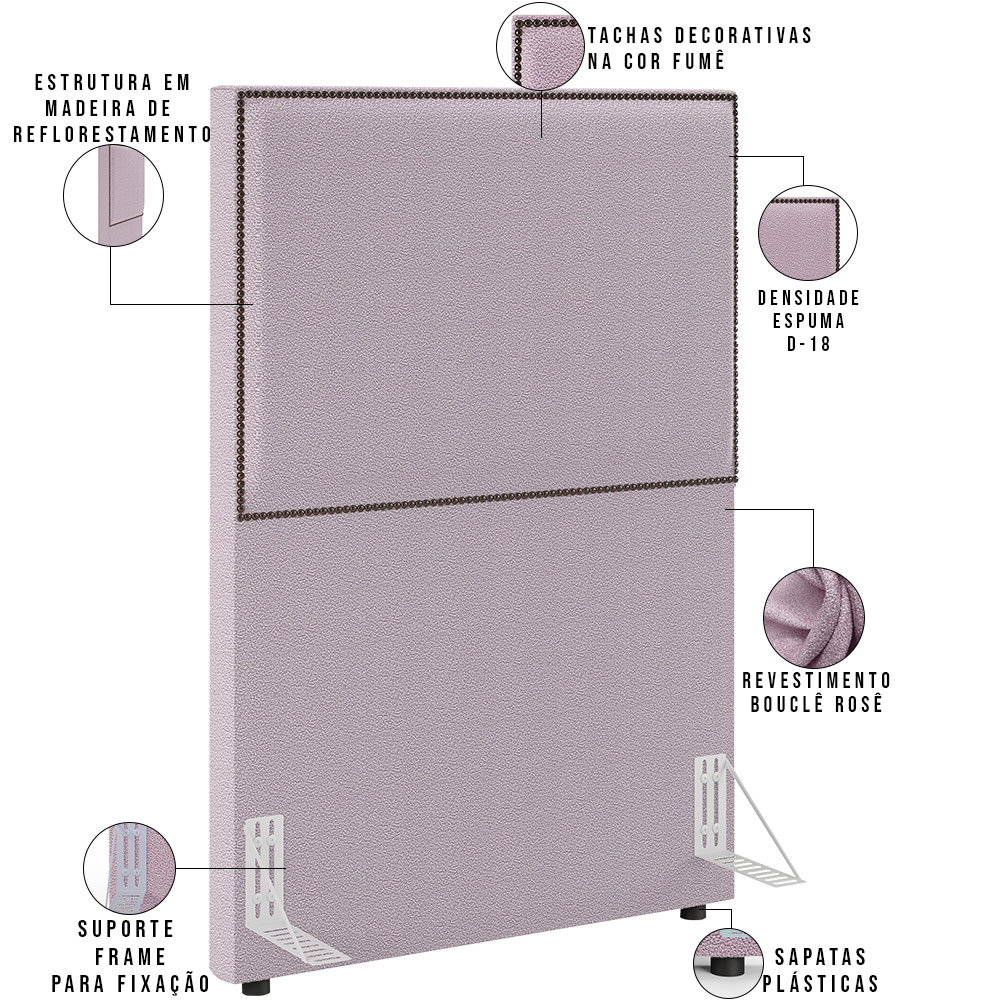 Cabeceira Box Solteiro Com Tachas 100 cm Vicenza L02 Bouclê Rosê - Lyam Decor