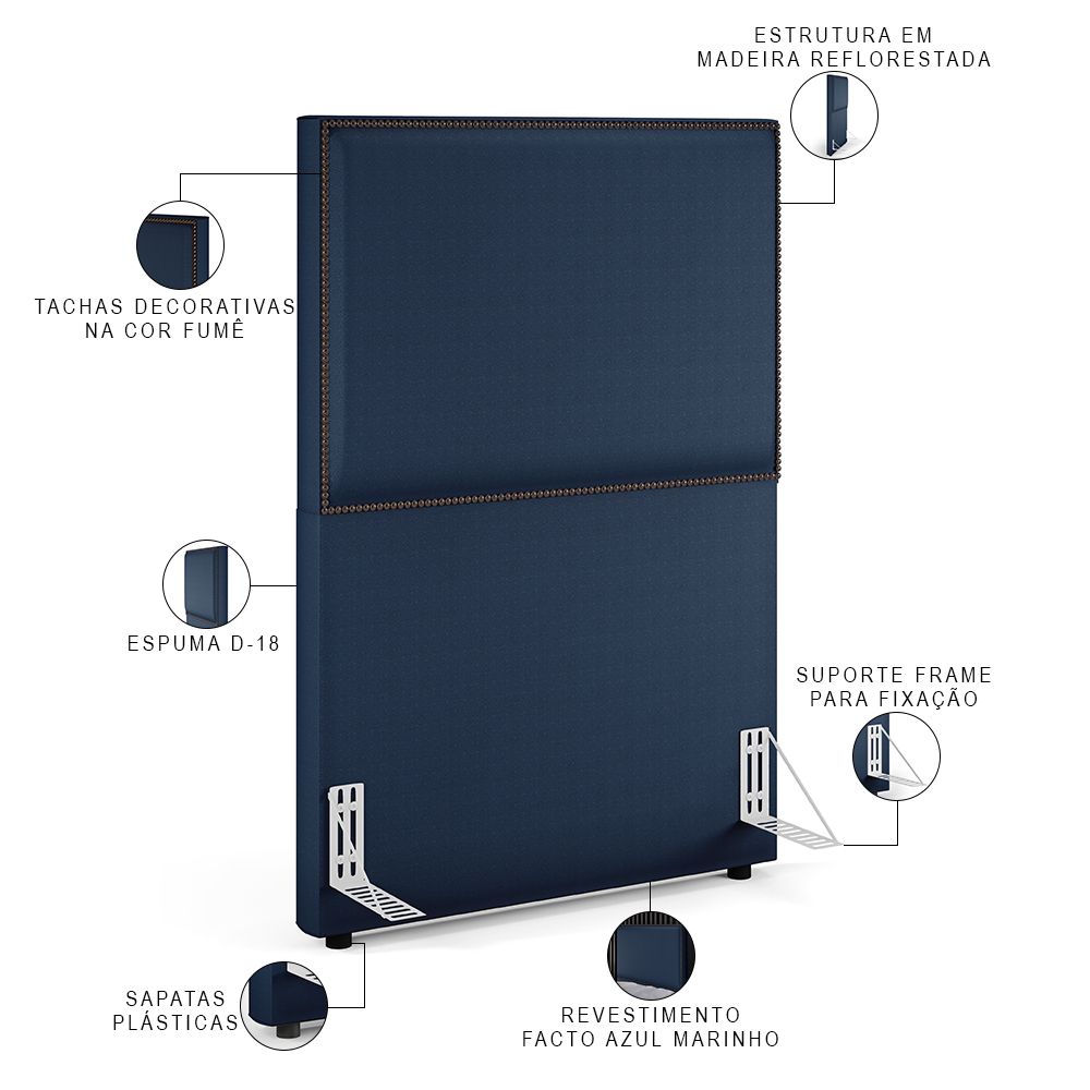 Cabeceira Box Solteiro Com Tachas 100 cm Vicenza L02 Facto Azul Marinho - Lyam Decor