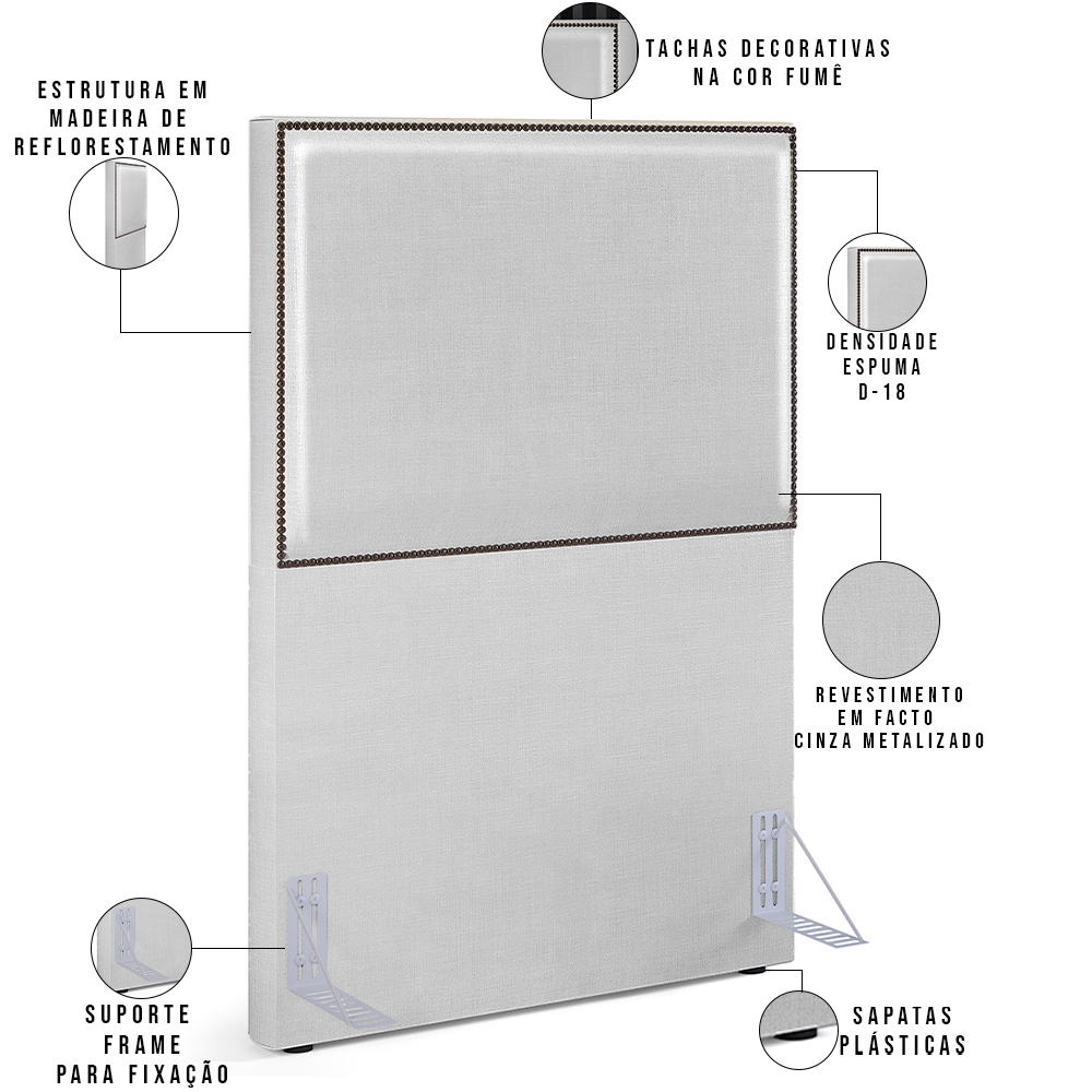 Cabeceira Box Solteiro Com Tachas 100 cm Vicenza L02 Facto Cinza Metalizado - Lyam Decor