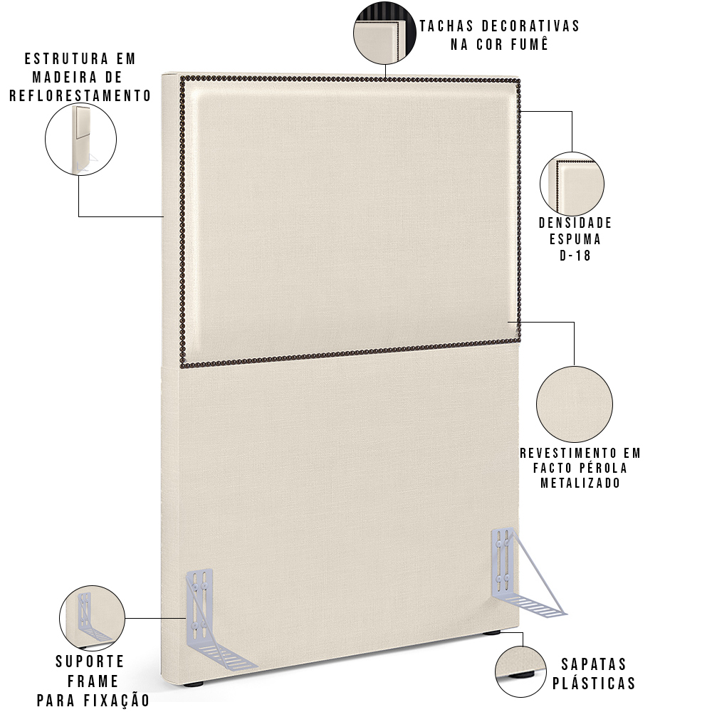 Cabeceira Box Solteiro Com Tachas 100 cm Vicenza L02 Facto Pérola Metalizado - Lyam Decor