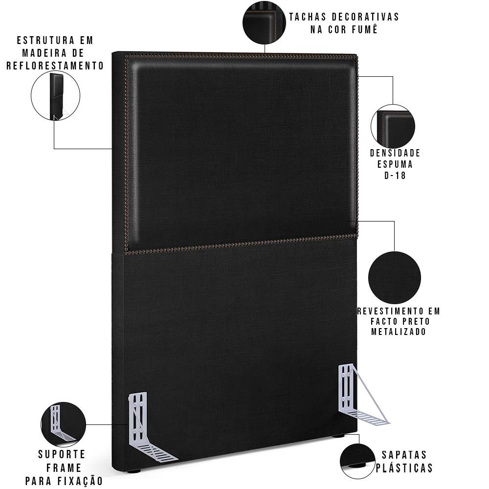 Cabeceira Box Solteiro Com Tachas 100 cm Vicenza L02 Facto Preto Metalizado - Lyam Decor