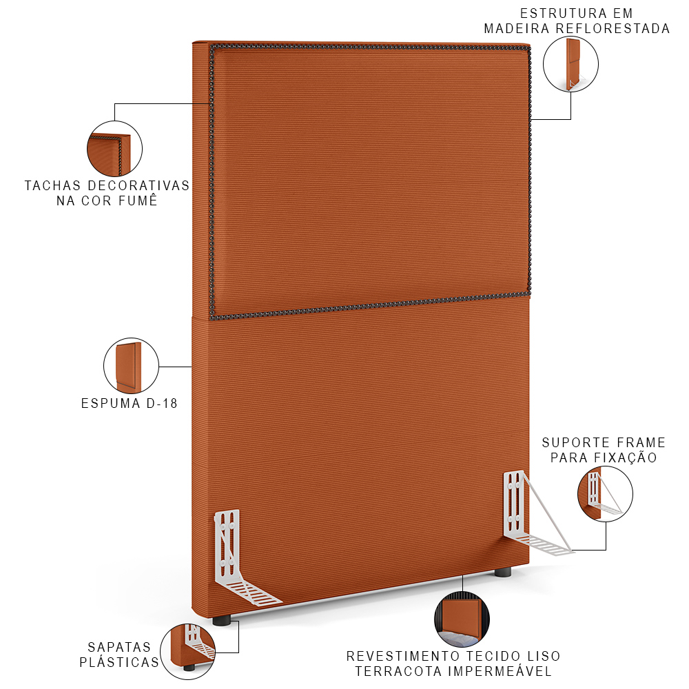 Cabeceira Box Solteiro Com Tachas 100 cm Vicenza L02 Tecido Terracota - Lyam Decor