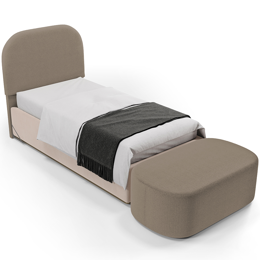 Cabeceira Cama Box 100cm Lanna com Puff Recamier Doha W01 Bouclê Bege - Lyam Decor