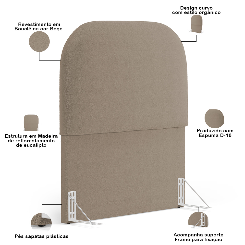 Cabeceira Cama Box 100cm Lanna com Puff Recamier Doha W01 Bouclê Bege - Lyam Decor