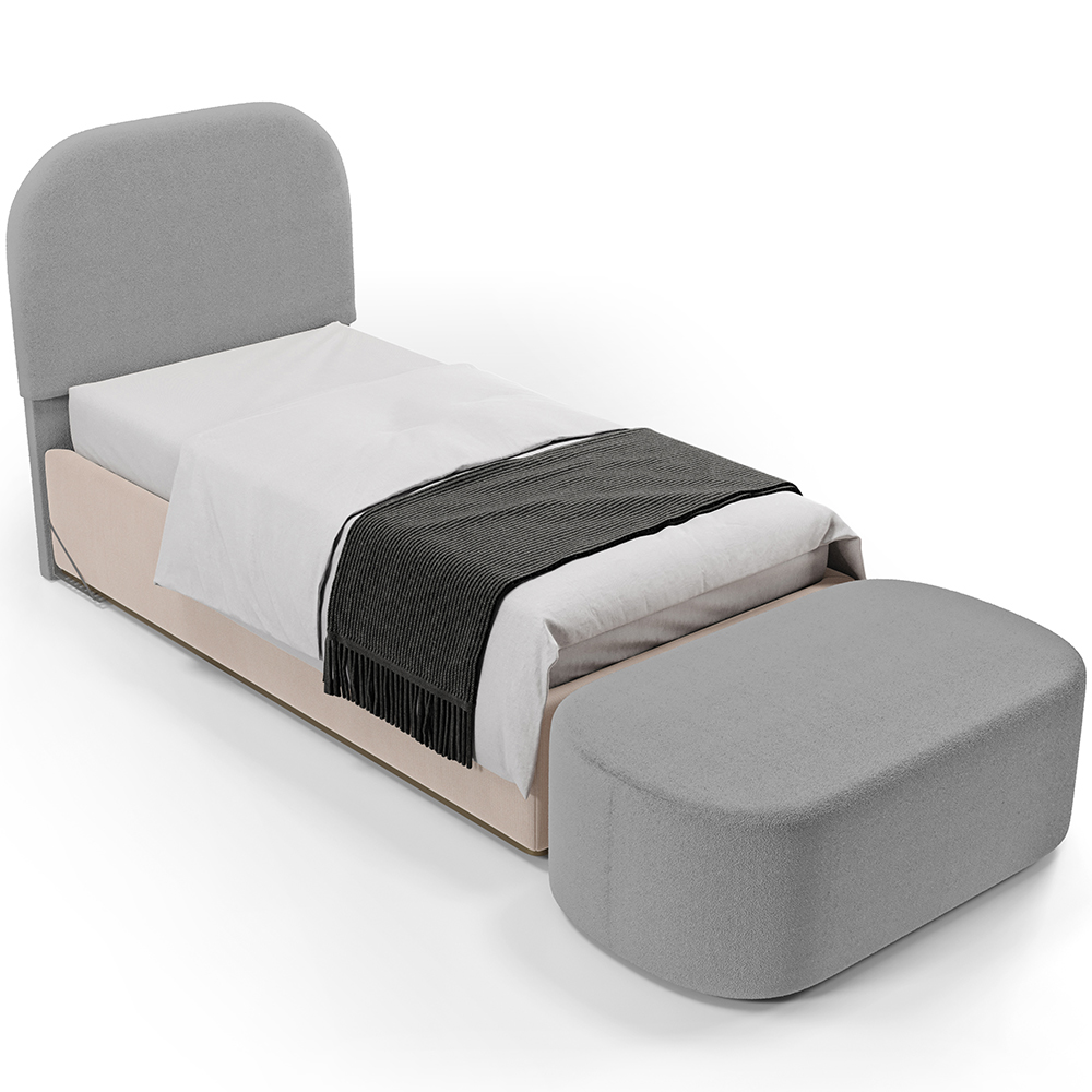 Cabeceira Cama Box 100cm Lanna com Puff Recamier Doha W01 Bouclê Cinza - Lyam Decor