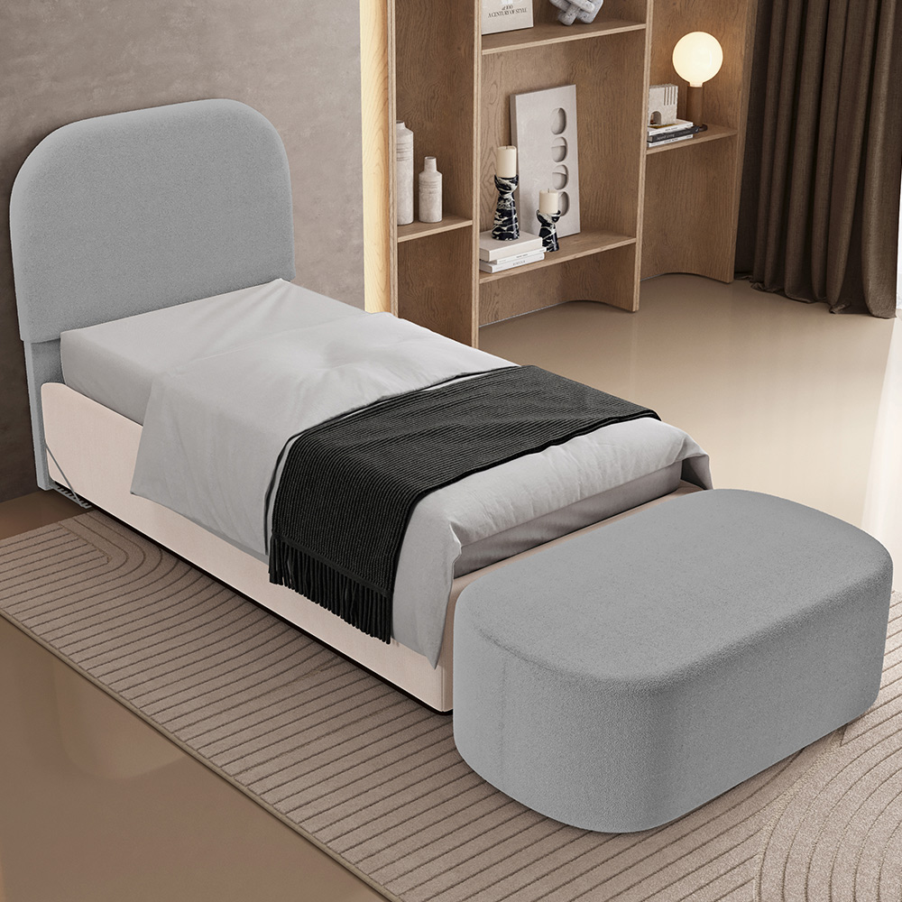 Cabeceira Cama Box 100cm Lanna com Puff Recamier Doha W01 Bouclê Cinza - Lyam Decor