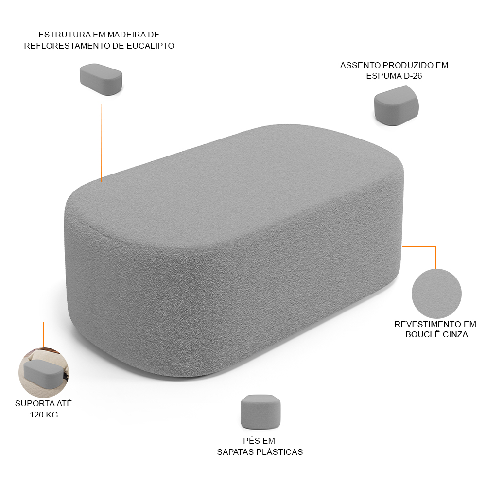 Cabeceira Cama Box 100cm Lanna com Puff Recamier Doha W01 Bouclê Cinza - Lyam Decor